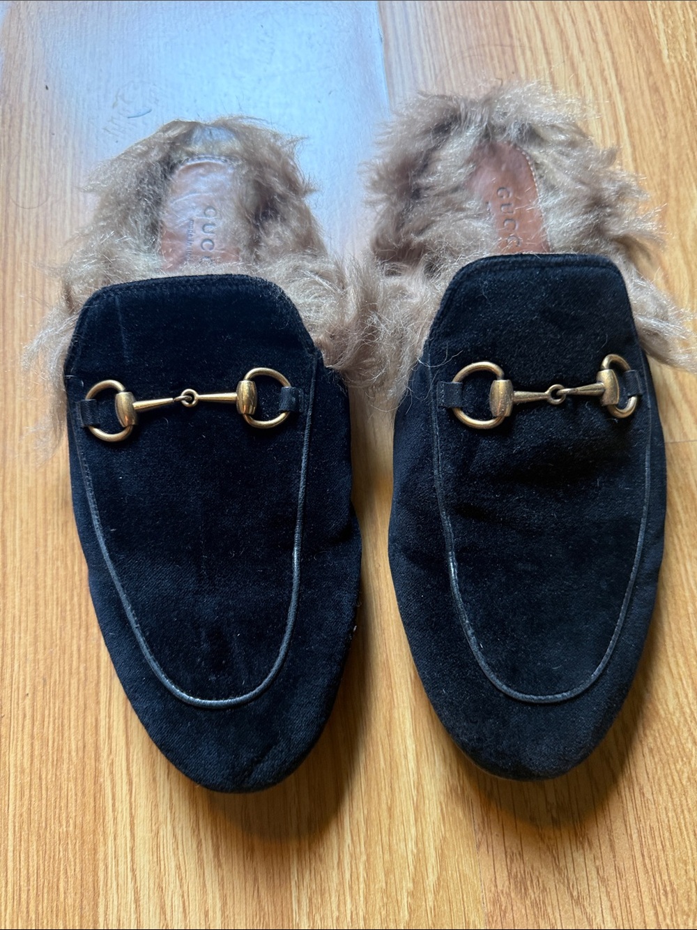 Gucci Black Suede Fur-Lined Horsebit Mules